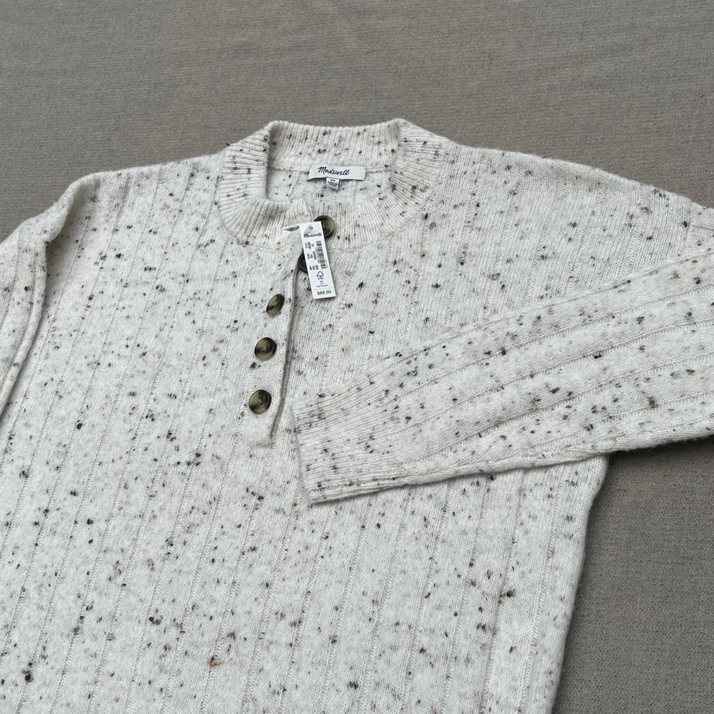 Madewell Ribbed Henley Sweater Cream Donegal Speckled Wool Blend NB382 XS NEW